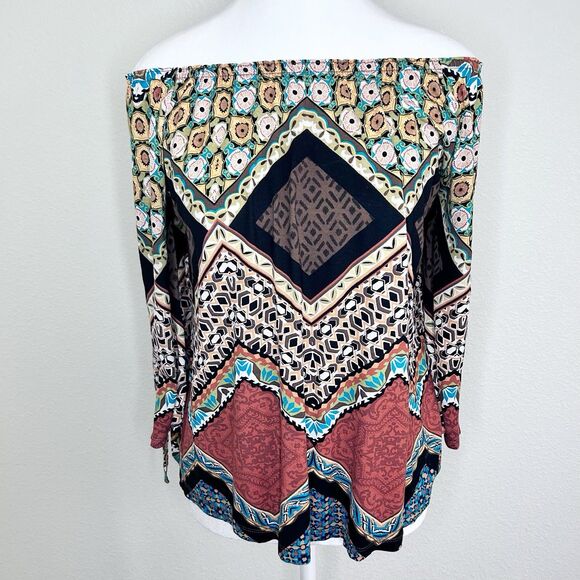 Chico’s Women’s Boho Flared Tied Sleeve Size 0 Top Can Be Worn Off Shoulder - Picture 3 of 11